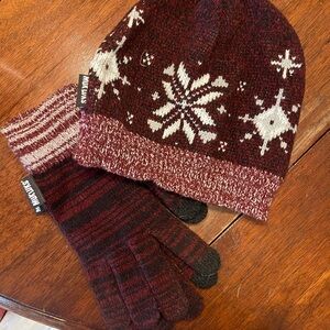 Muk Luks Burgundy and Cream Knit Hat and Gloves